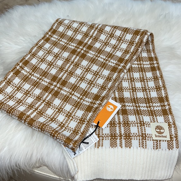 Timberland Accessories - Timberland White and Brown Plaid Knit Scarf